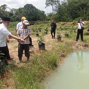 Pj Bupati OKU meninjau demplot budidaya ikan gabus yang di kelolah oleh Agus Sutikno bertempat di Desa Marta Jaya Kecamatan Lubuk Raja, Rabu (29/3/23).