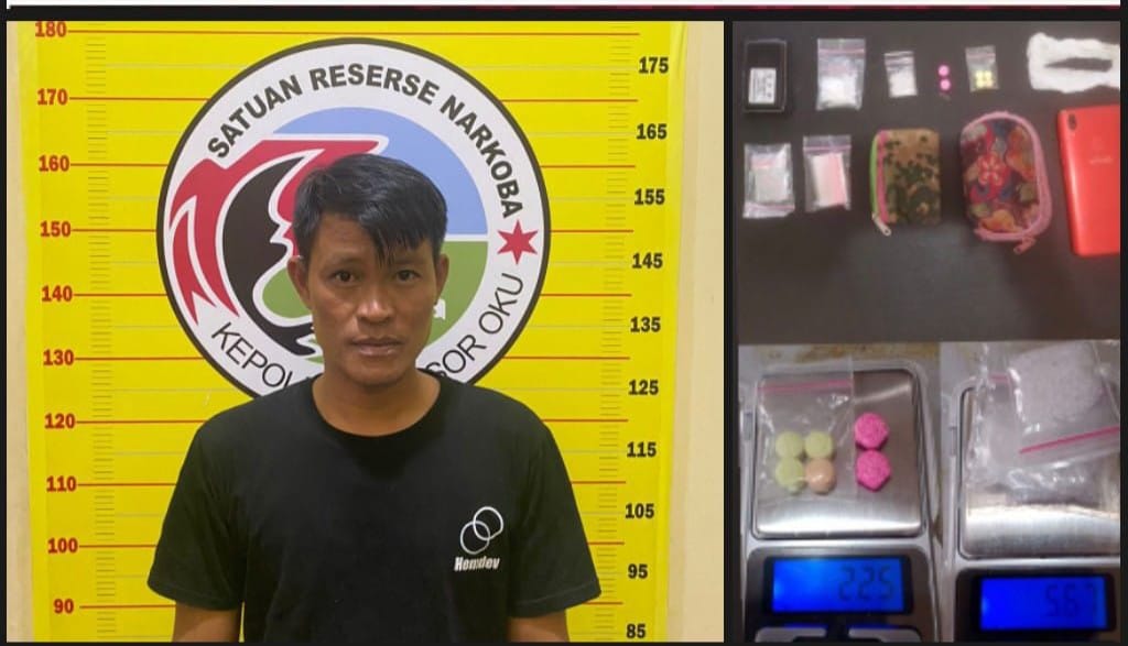 Bandar narkoba Mustarudin alias Cakok dan barang bukti yang diamankan di Polres OKU. Foto dokumen Humas Polres OKU.